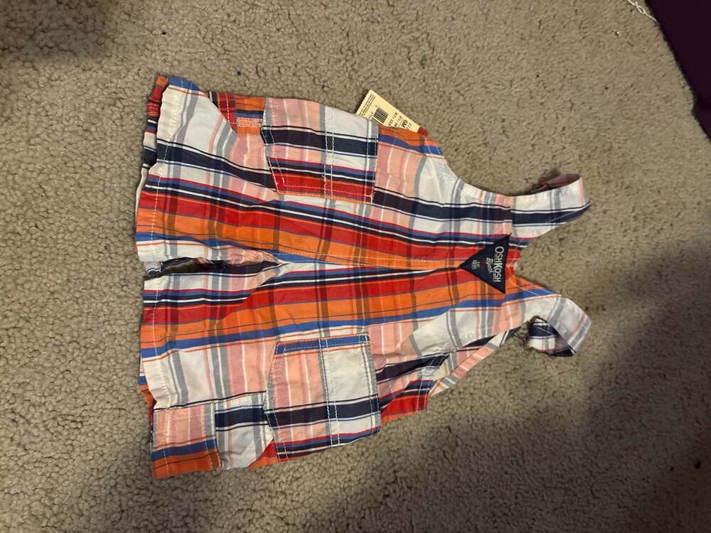 NWT OshKosh B'gosh Baby Boy Plaid Shortalls Overalls 6M Orange Blue White - Picture 6 of 6